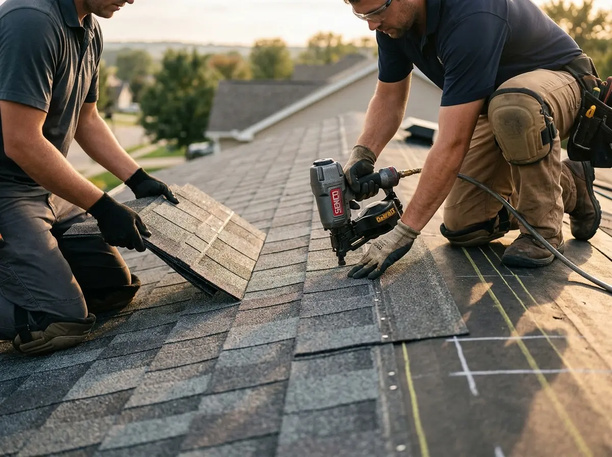 Professional roofer working on a residential roof in Castaic